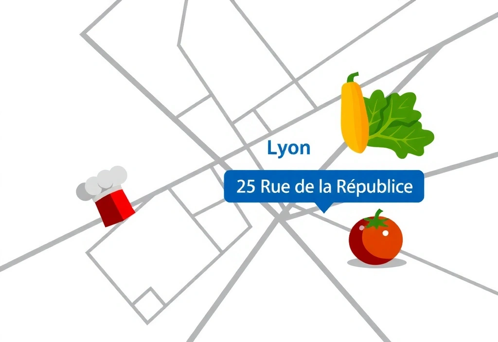 Carte stylisée de Lyon avec l'adresse de Lyonchefvb mise en évidence