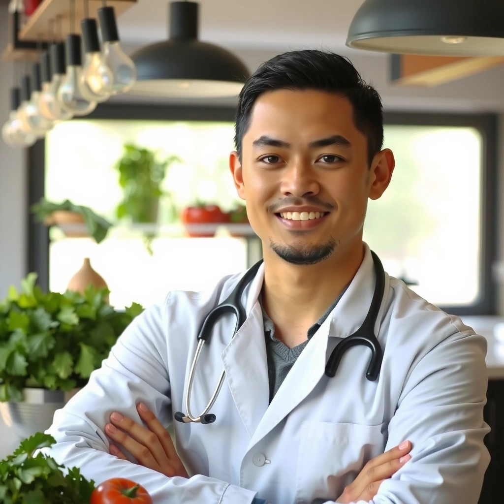 Portrait d'un agronome expert de Lyonchefvb, souriant et entouré d'ingrédients naturels